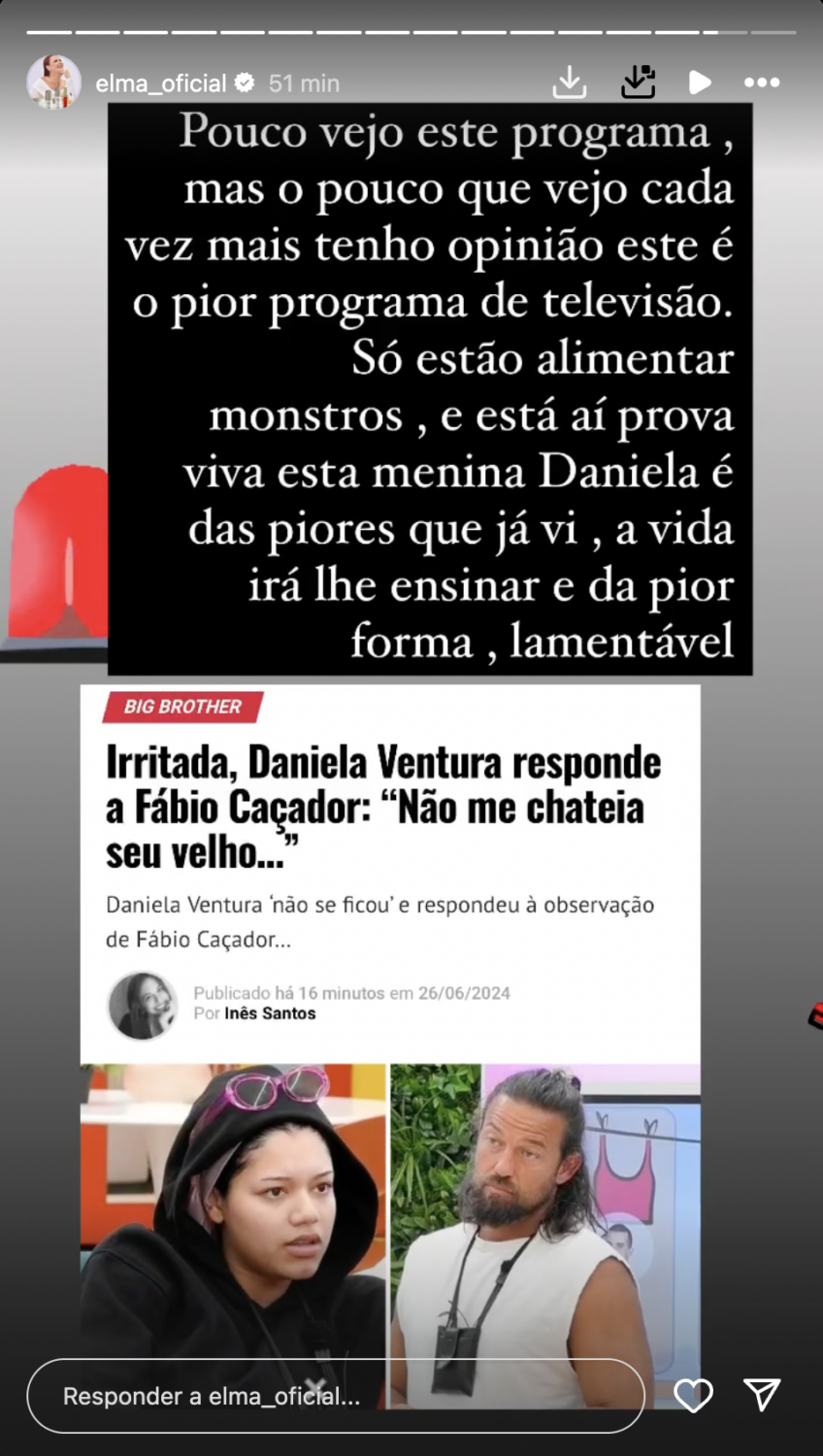 Elma Aveiro critica Big Brother e mostra-se ‘implacável’: “Esta Daniela é das piores que já vi…”